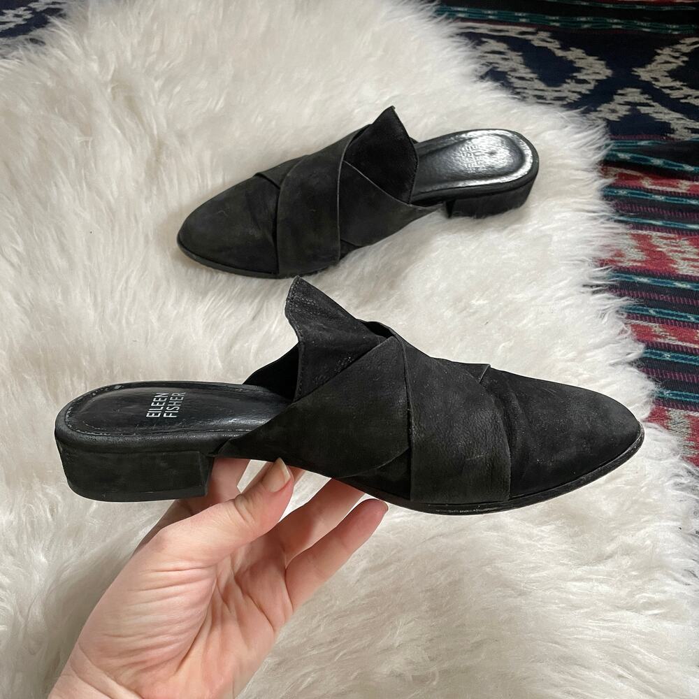 Eileen Fisher Bauer Mules Black Suede Slip On Pointed Closed Toe sz 6.5